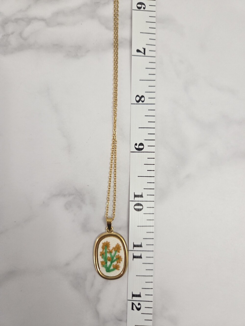 Handmade Embroidered Fabric Flower Gold Oval Pendant Necklace - Picture 10 of 14